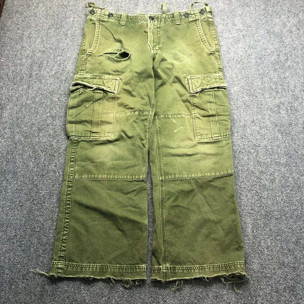 Vintage Distressed Olive Green Cargo Pants Mens Wide Leg Multi Pocket 36x27